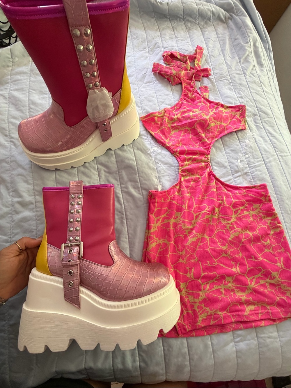 Cape Robbin Pink Multi Chunky Platform Ankle Booties with matching mini dress xs